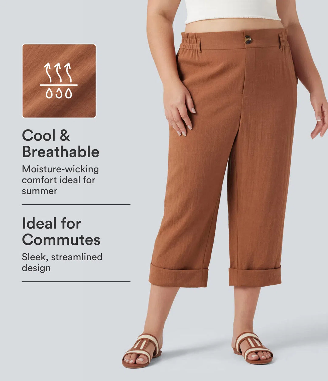 High Waisted Capri Linen-Feel Resort Plus Size Trousers with Pockets