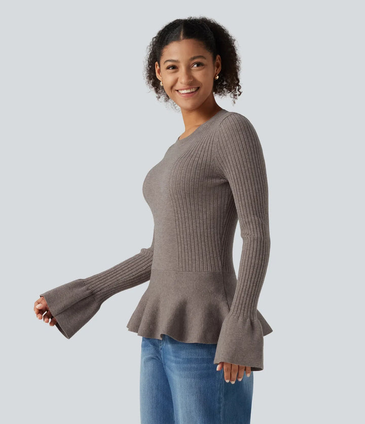 Round Neck Long Sleeve Ruffle Hem Slim Work Jumper
