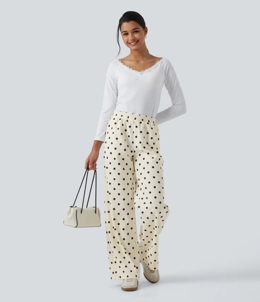 Mid Rise Polka Dot Straight Leg Corduroy Casual Trousers with Pockets