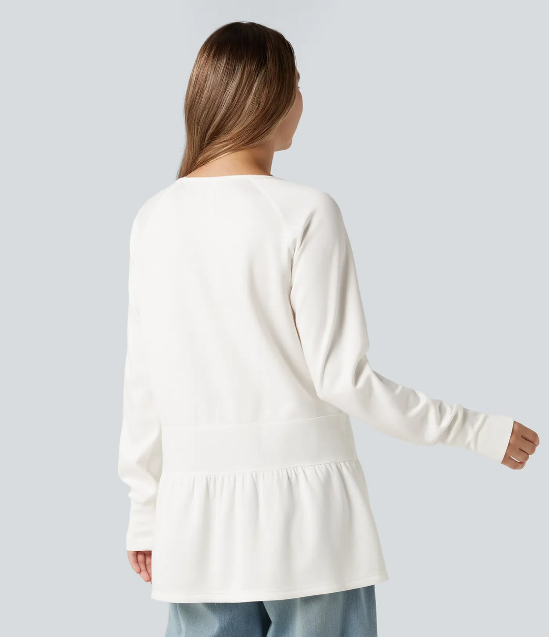 Round Neck Long Sleeve Thumb Holes Ruffle Hem Casual Sweatshirt