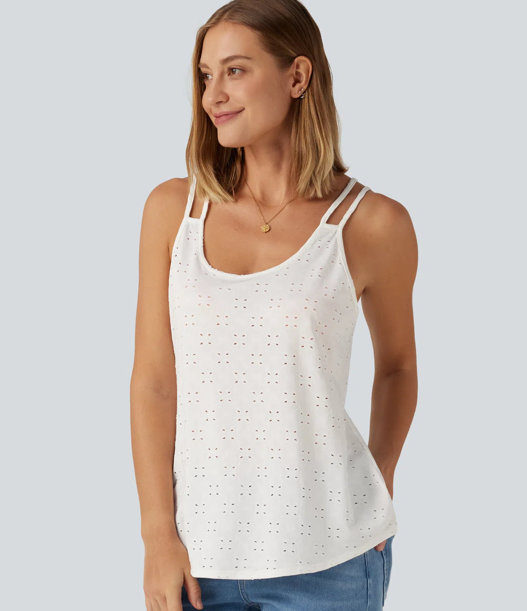 U Neck Eyelet Curved Hem Casual Tank Top