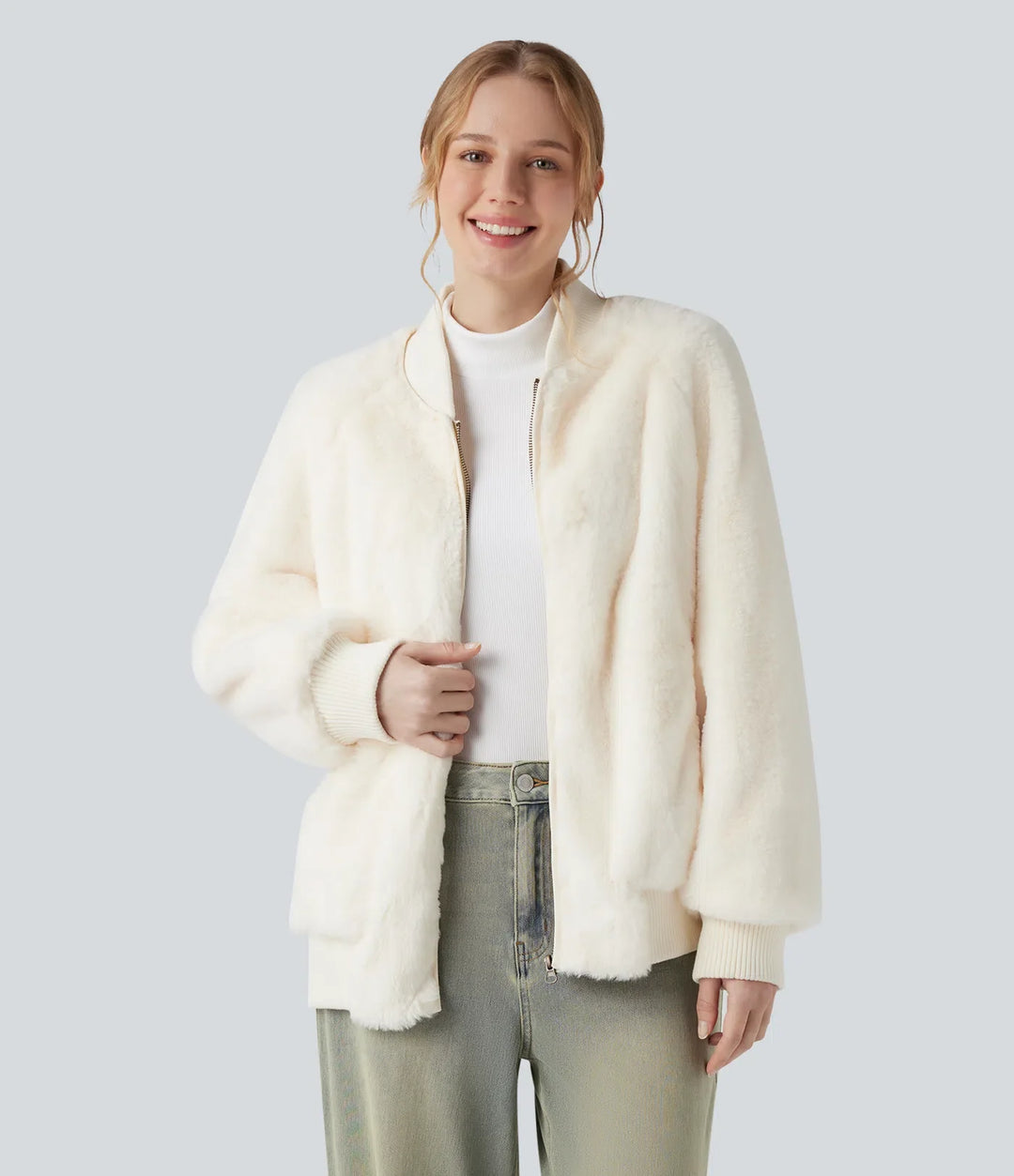 Zipper Long Sleeve Casual Sherpa Bomber Jacket with Pockets