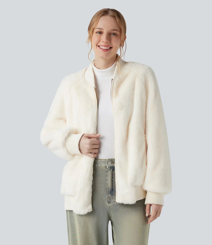 Zipper Long Sleeve Casual Sherpa Bomber Jacket with Pockets