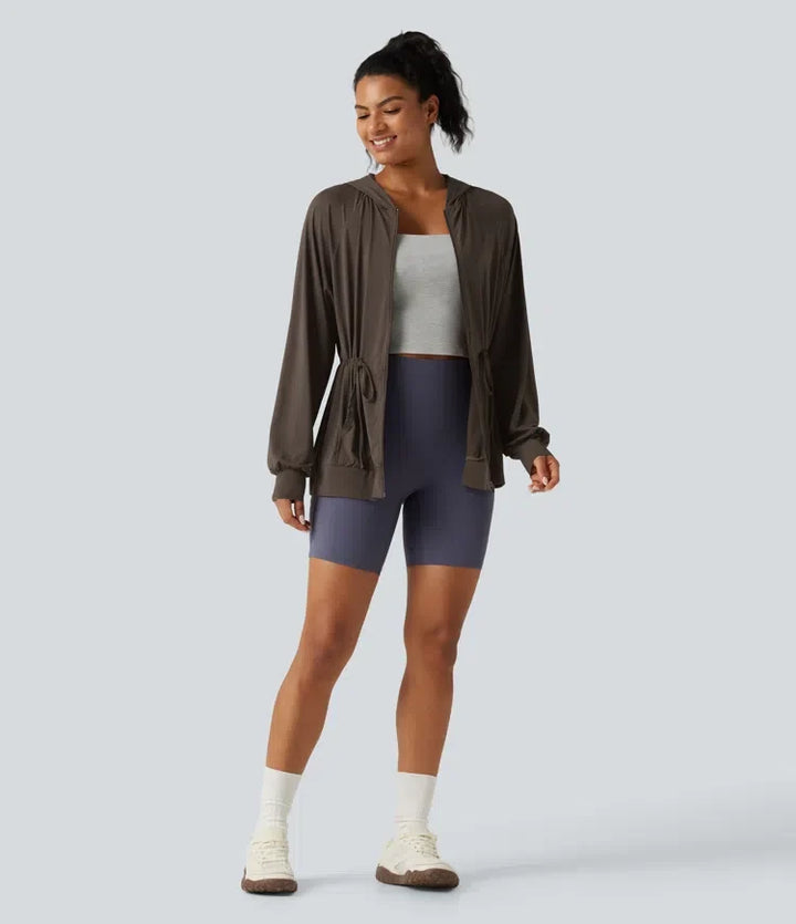 Hooded Long Sleeve Drawstring InstantCool Yoga Jacket with Pockets-UPF50+