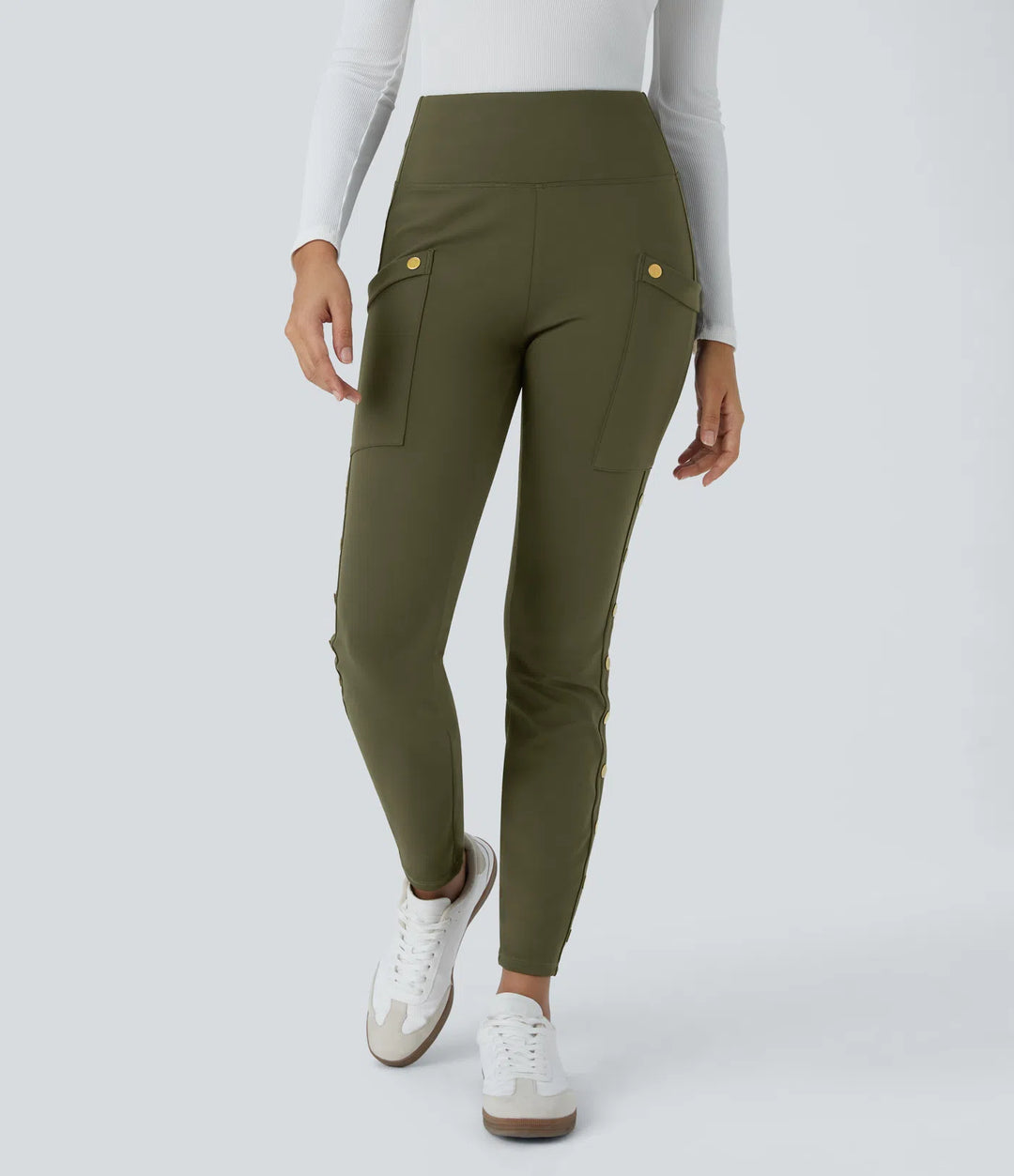 DayStretch High Waisted Decorative Pocket Skinny Ankle Length Casual Trousers
