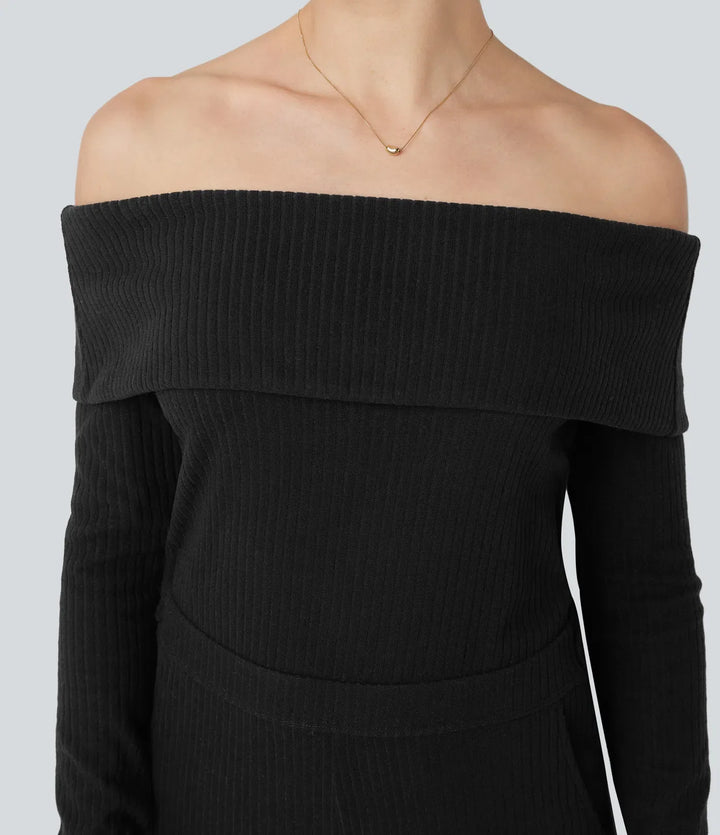 Ribbed Knit Foldover Off Shoulder Long Sleeve Bootcut Casual Jumpsuit with Pockets-Easy Peezy Edition