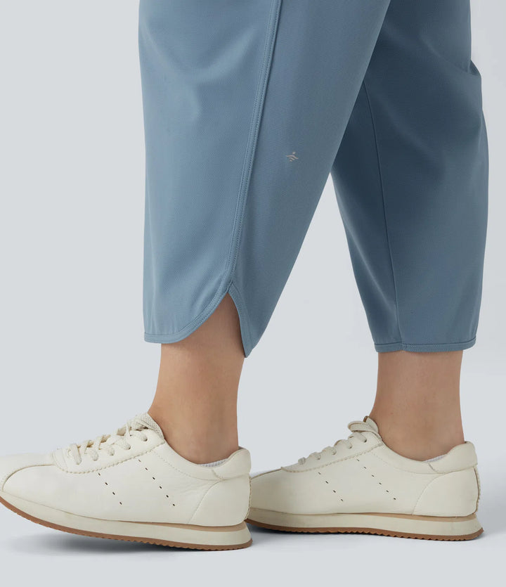Plus Size Mid Rise Drawstring Curved Hem Quick Dry Golf Tapered Trousers with Pockets-UPF40+