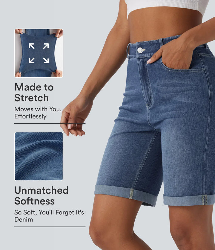 Halara Flex High Waisted Pockets Rolled Hem Washed Denim Casual Bermuda Shorts