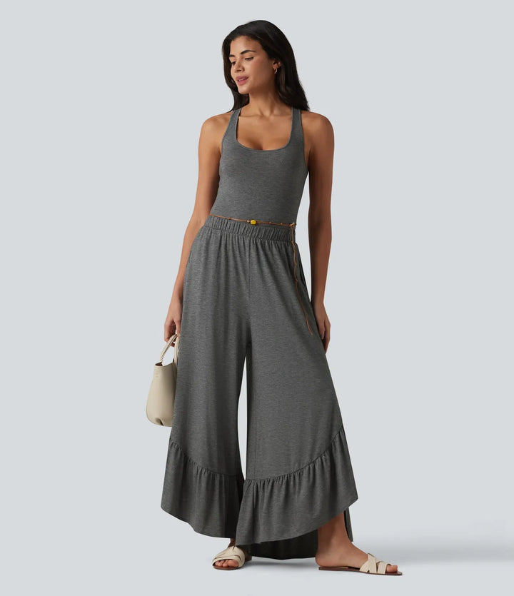 Crisscross Backless U-Neck Sleeveless Ruffle Hem Flowy Casual Jumpsuit with Pockets-Easy Peezy