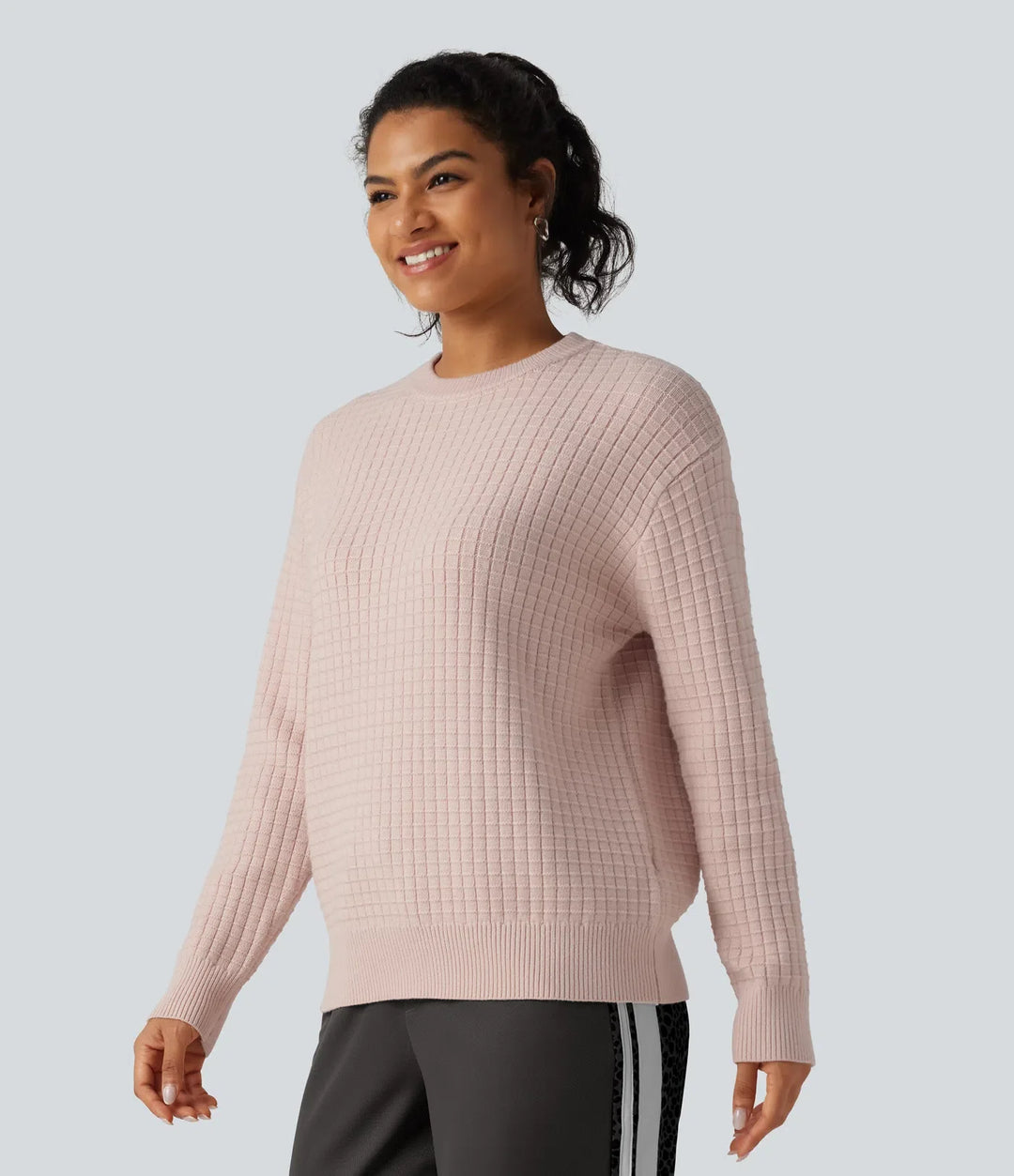 Round Neck Long Sleeve Waffle Casual Jumper