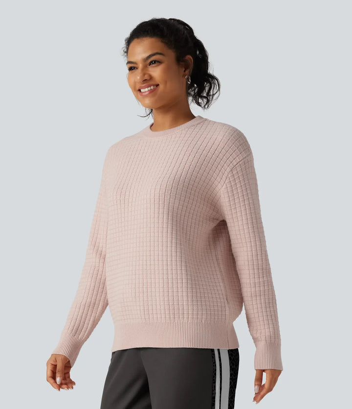 Round Neck Long Sleeve Waffle Casual Jumper