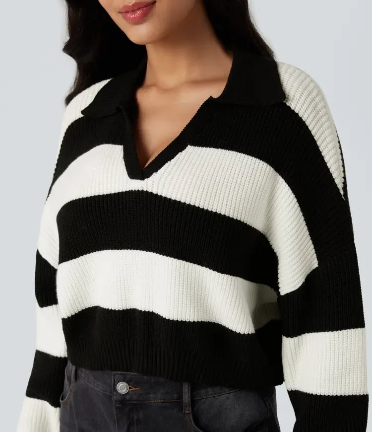 V-neck Long Sleeve Stripe Relaxed Casual Jumper