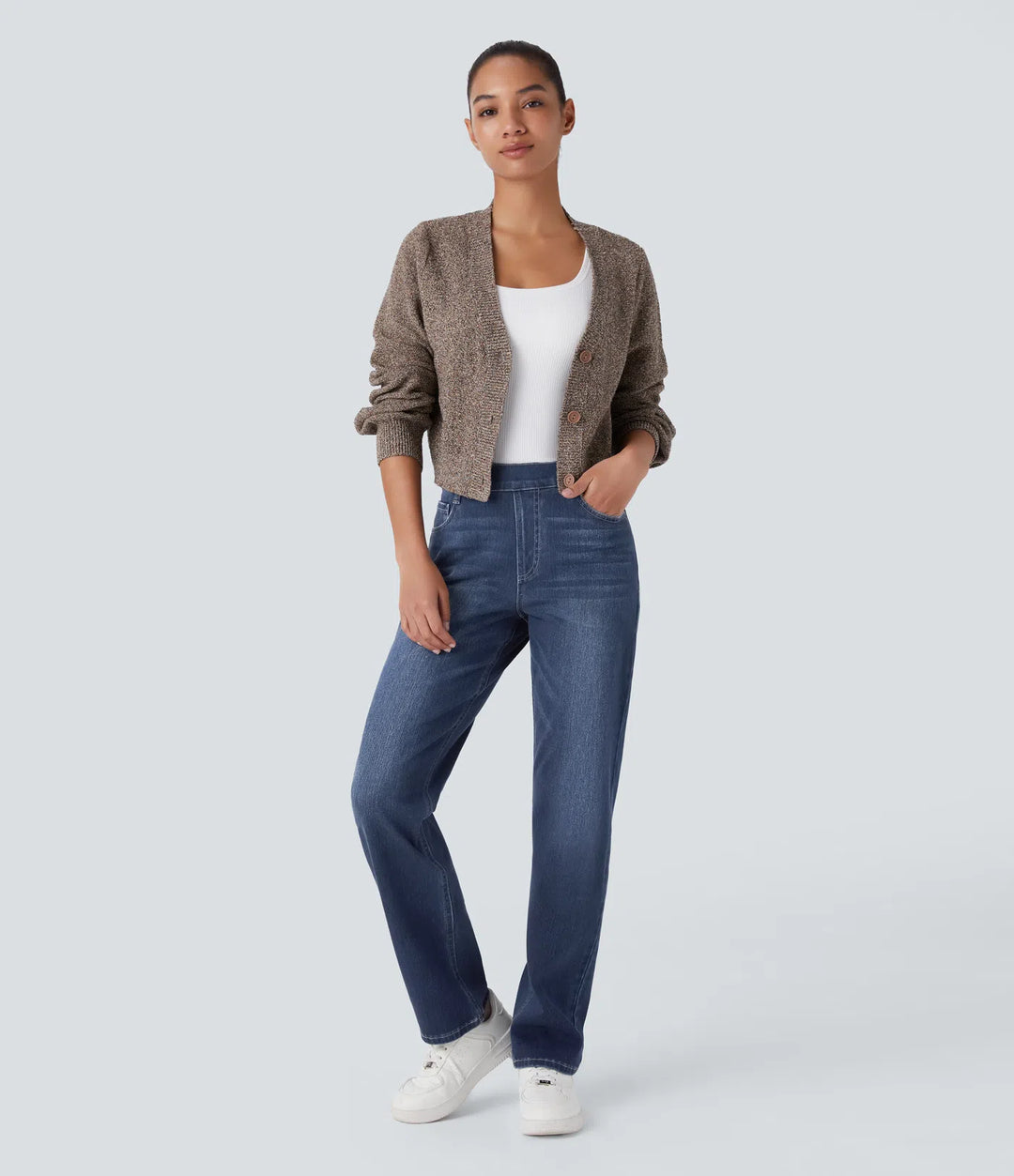 Halara Flex High Waisted Pockets Straight Leg Washed Casual Jeans