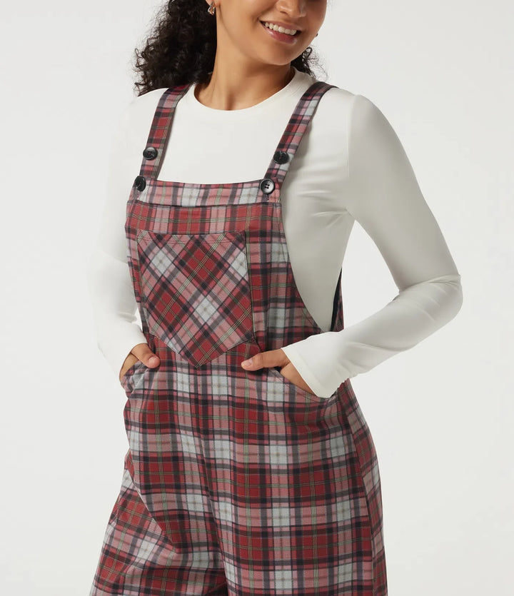 Square Neck Plaid Wide Leg Overalls with Pockets