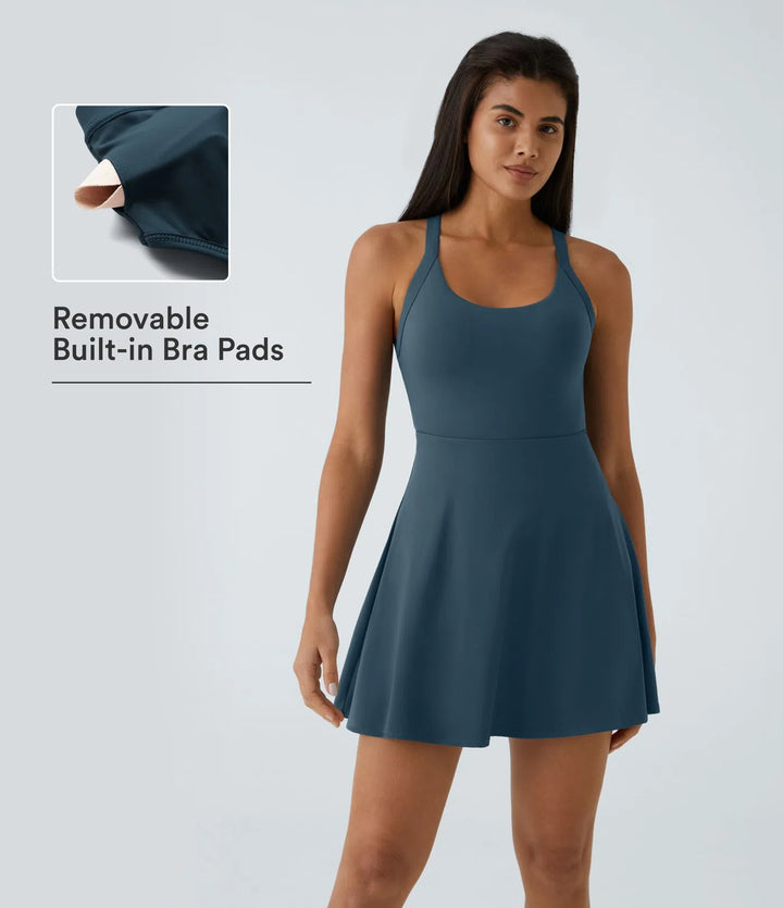 SoftlyZero Airy Backless Twisted Flare Low Support Dance Active Dress-Longer Length-Easy Peezy Edition A-D Cups