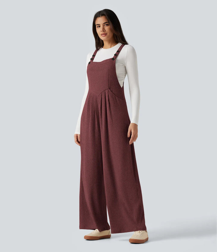 Ribbed Knit Casual Dungarees with Pockets