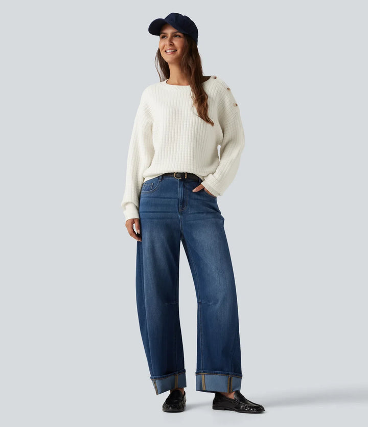 Round Neck Dropped Shoulder Long Sleeve Casual Jumper