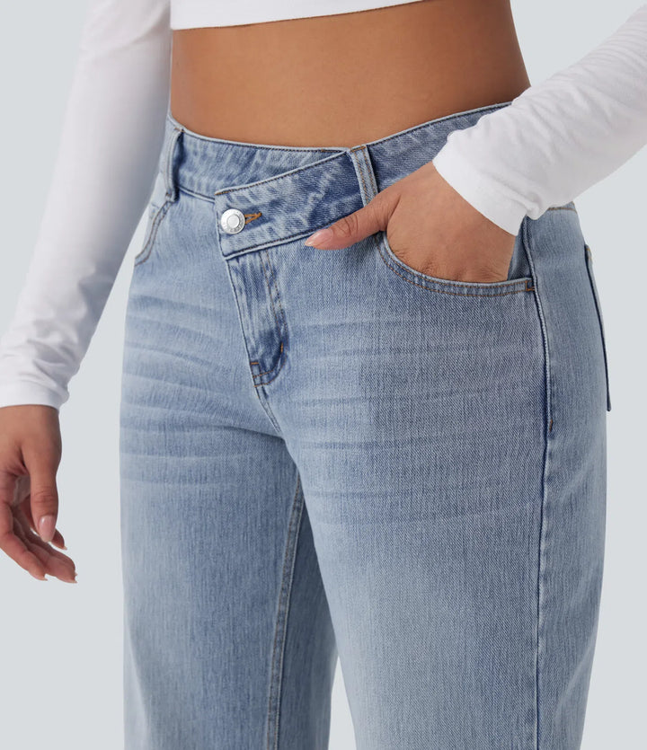 Halara Flex Asymmetric Low Rise Straight Leg Casual Jeans with Pockets