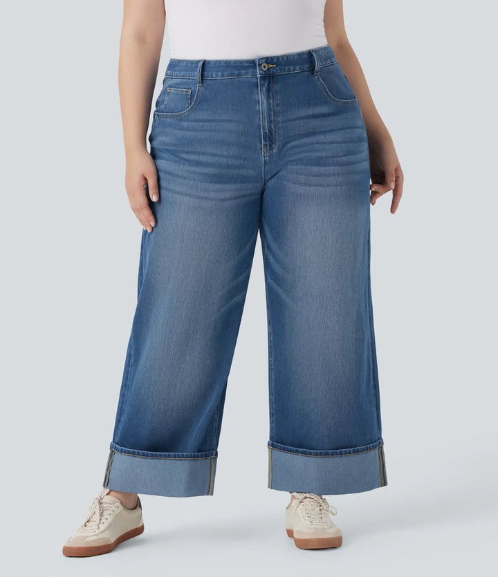 Plus Size Halara Flex High Waisted Wide Leg Rolled Hem Washed Stretchy Knit Casual Jeans with Pockets