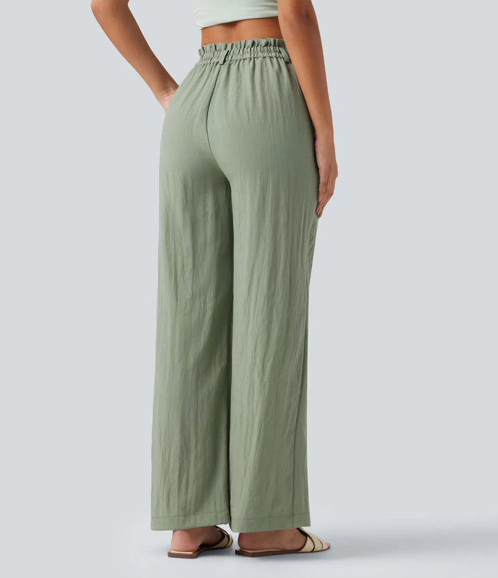 High Waisted Wide Leg Casual Linen-Blend Trousers with Pockets
