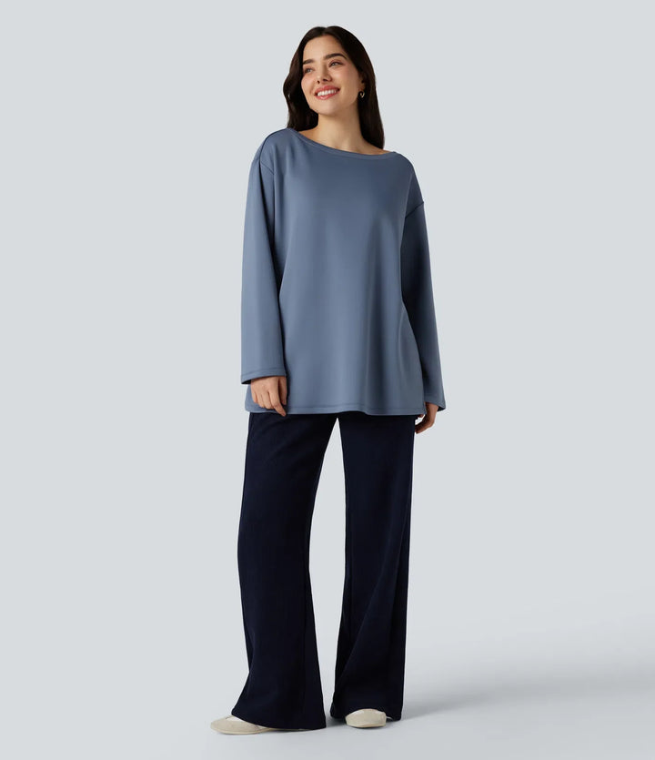 Boat Neck Long Sleeve Relaxed Casual Sweatshirt