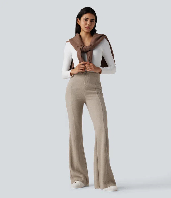 Ribbed High Waisted Tummy Control Casual Flare Trousers