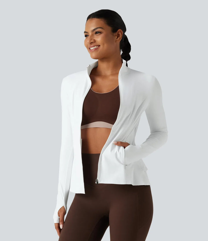 SoftlyZero Airy Stand Collar Long Sleeve Thumb Hole Eyelet Ruffle Hem InstantCool Yoga Jacket with Pockets-UPF50+