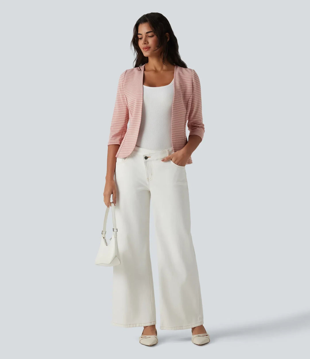 Ribbed Knit V Neck Open Front 3/4 Sleeve Stripe Casual Blazer