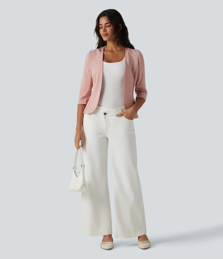 Ribbed Knit V Neck Open Front 3/4 Sleeve Stripe Casual Blazer