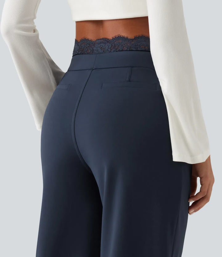 Halara Flex High Waisted Contrast Lace Straight Leg Work Trousers with Pockets