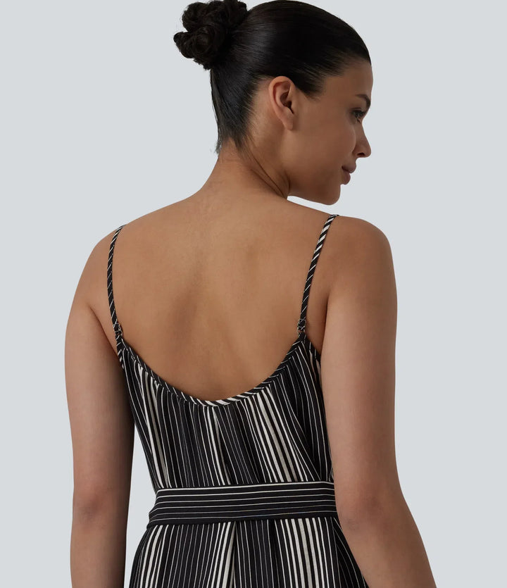 Tie Side Stripe Casual Slip Jumpsuit with Pockets