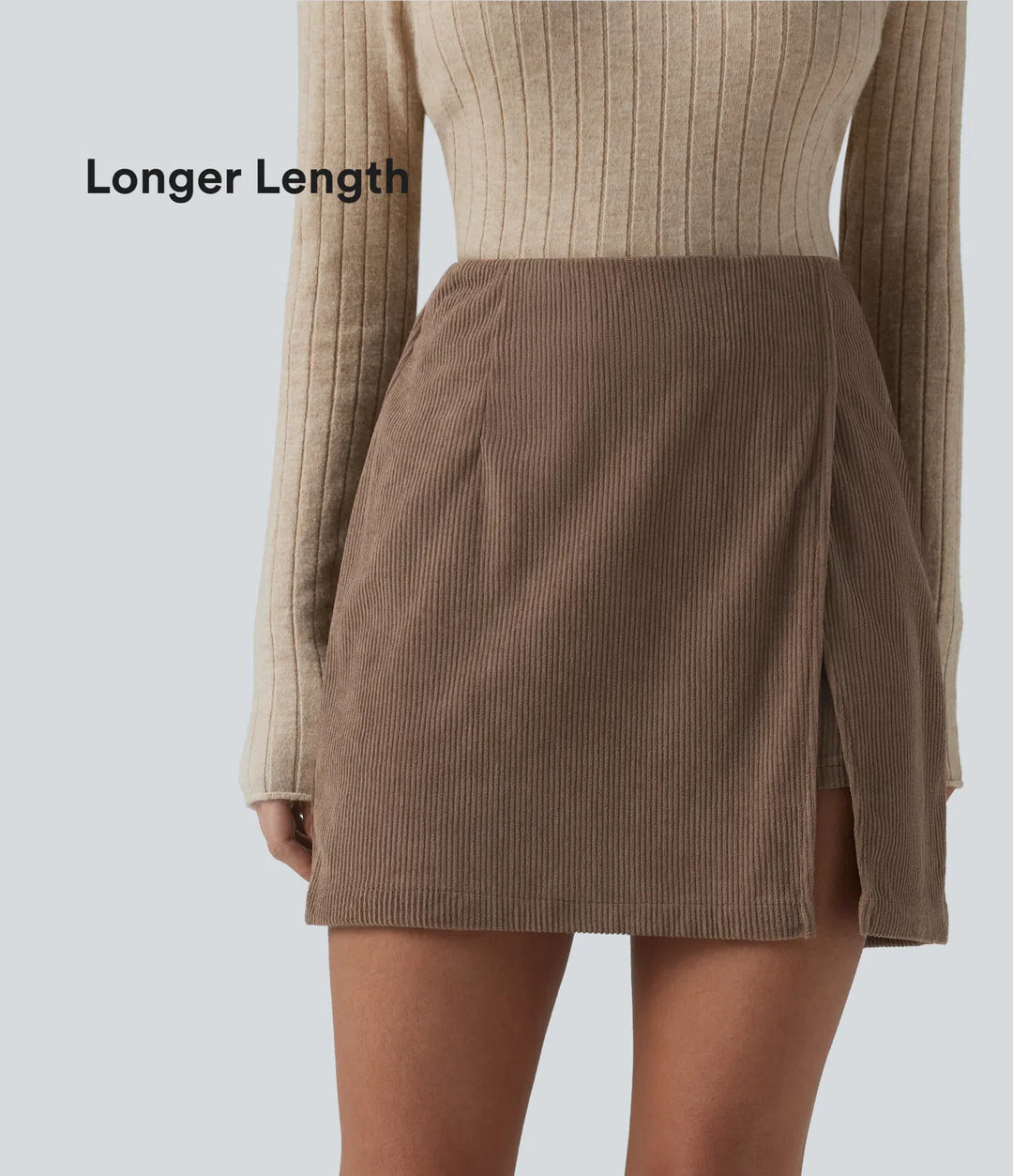 High Waisted Back Zipper Split Hem 2-in-1 Corduroy Casual Skirt-Longer Length