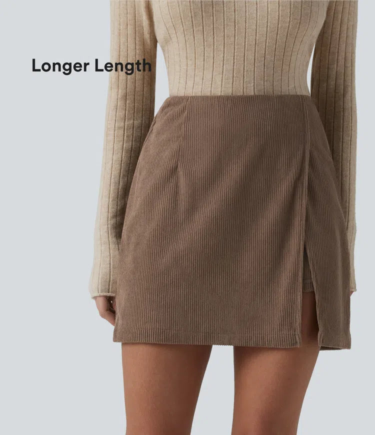 High Waisted Back Zipper Split Hem 2-in-1 Corduroy Casual Skirt-Longer Length