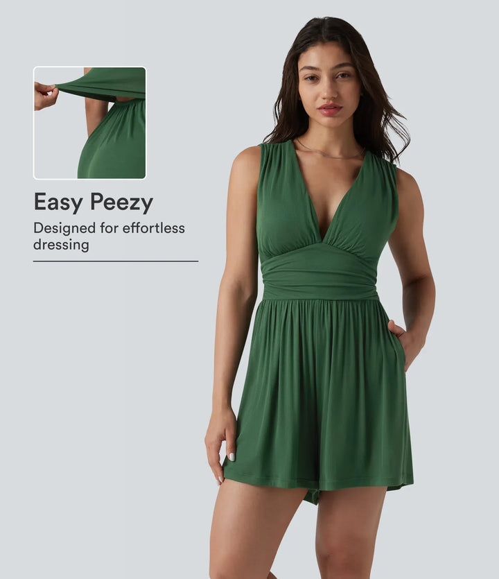 Ribbed V-neck Sleeveless Ruched Built-in Bra Casual Romper with Pockets-Easy Peezy