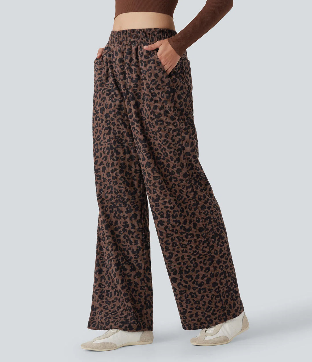 High Waisted Leopard Print Corduroy Casual Baggy Trousers with Pockets