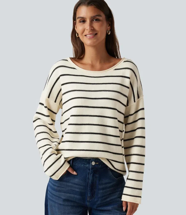 Boat Neck Long Sleeve Stripe Rolled Hem Oversized Casual Jumper