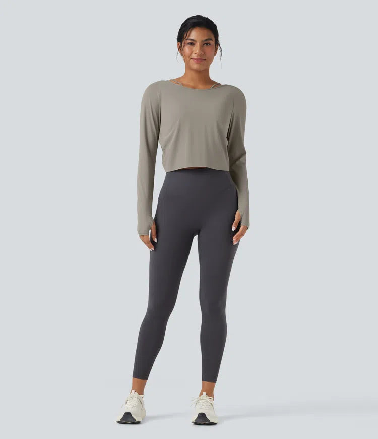 SoftlyZero QuickDry Backless Twist-back Long Sleeve Thumb Holes 2-in-1 Yoga Sports Top