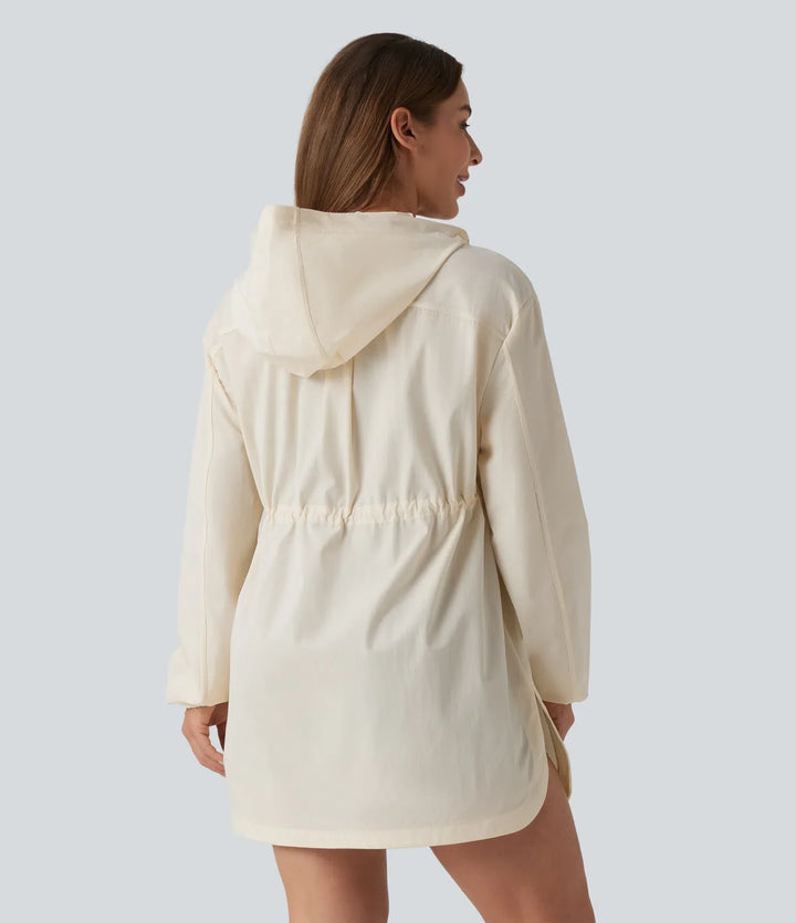 Water Repellent Wear-Resistant Hooded Drawstring Curved Hem Hiking Cargo Jacket with Pockets