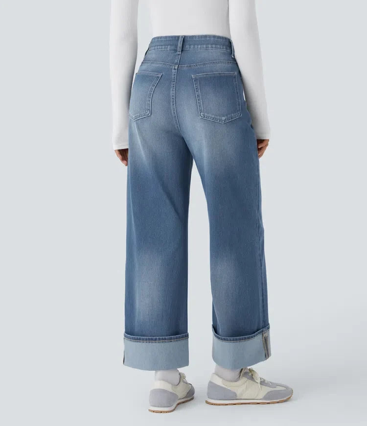 Halara Flex High Waisted Pockets Adjustable Hem Wide Leg Washed Casual Jeans