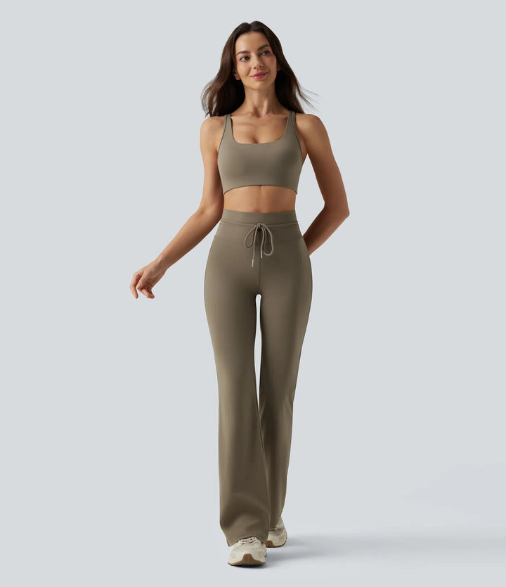 High Waisted Drawstring Plain Flared Yoga Trousers with Pockets