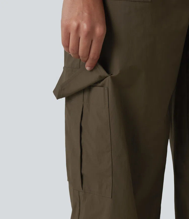 High Waisted Hiking Cargo Straight Leg Trousers with Pockets