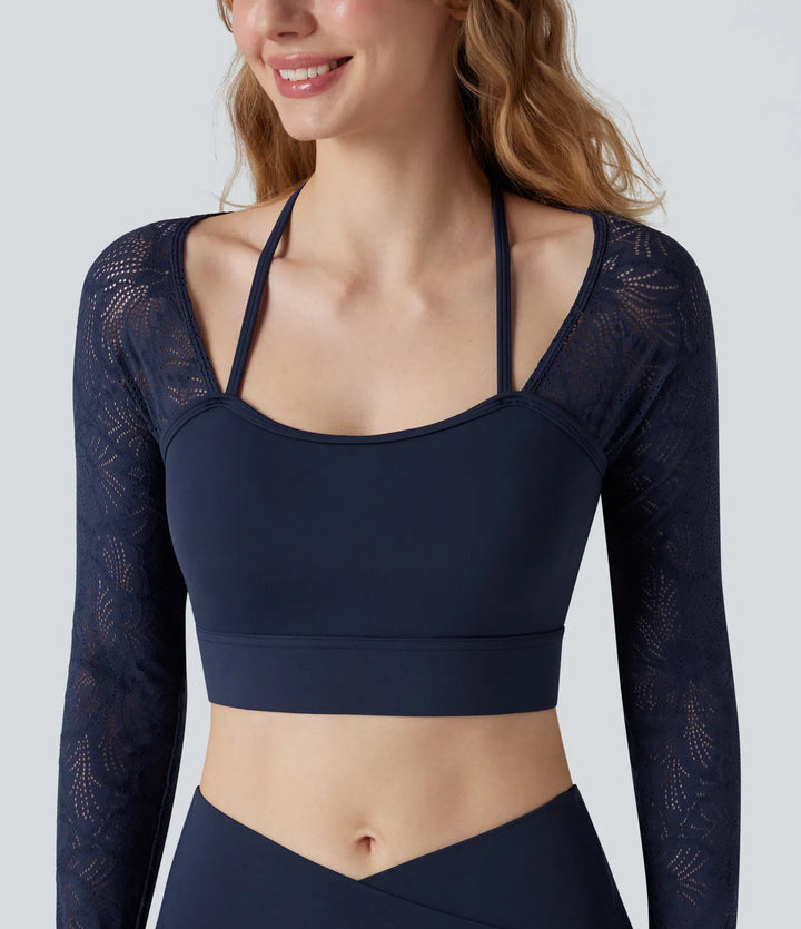 SoftlyZero Contrast Lace Halter Long Sleeve Thumb Holes Cropped Yoga Top