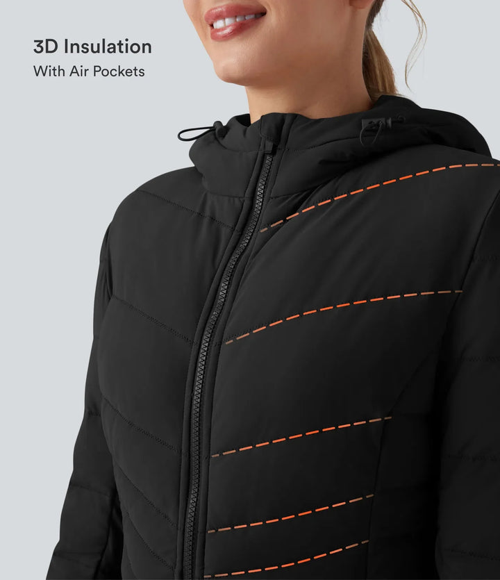 PuffFlex Hooded Longline Stretchy Casual Padded Jacket with Pockets
