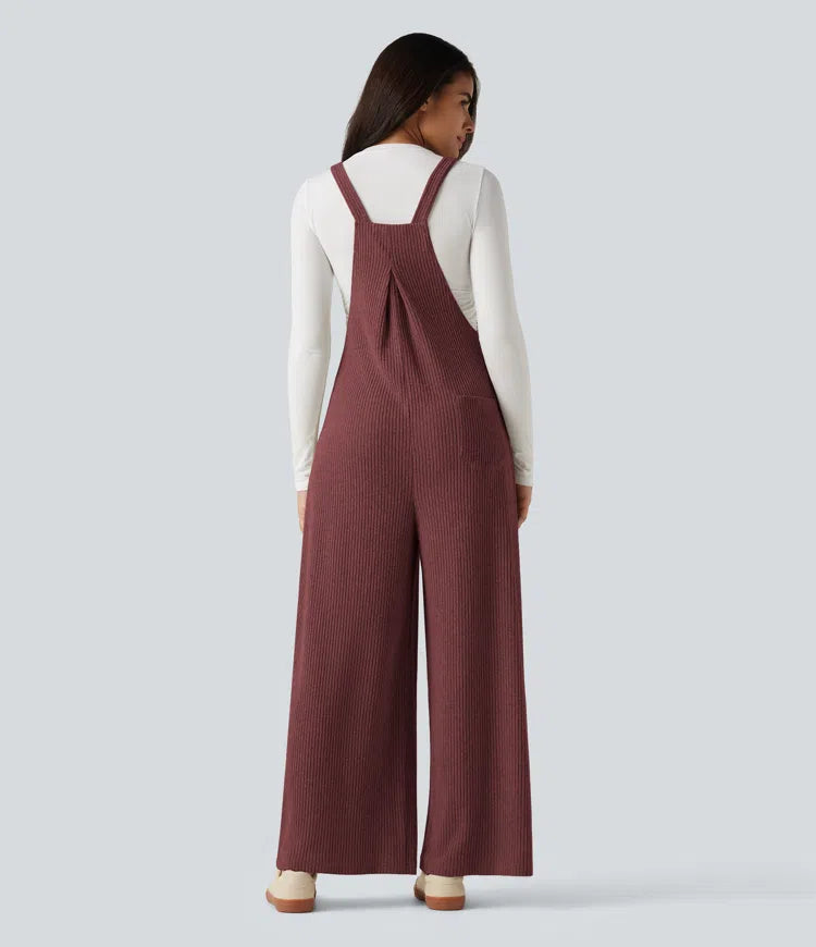 Ribbed Knit Casual Dungarees with Pockets