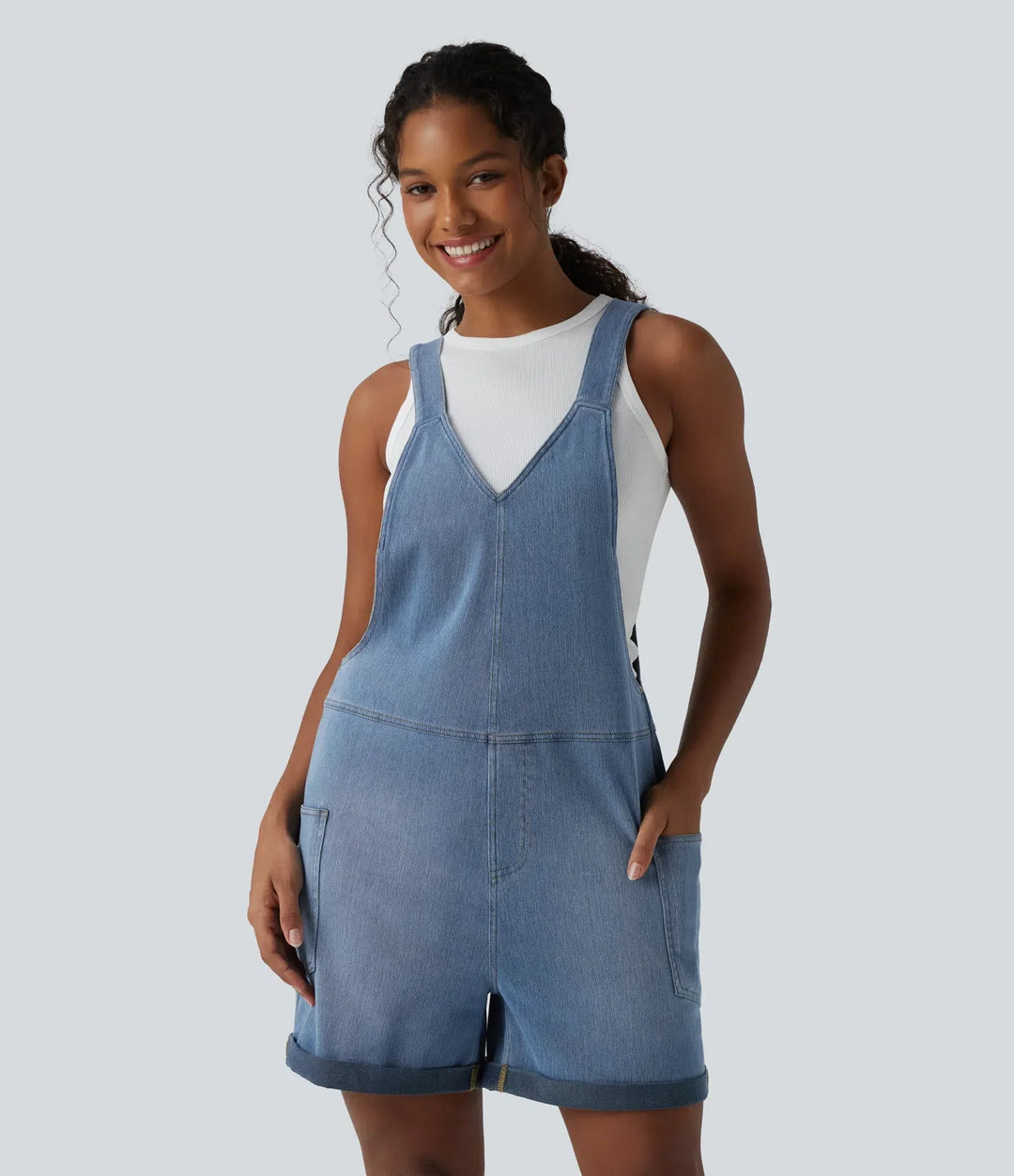 Halara Flex V Neck Rolled Hem Washed Denim Casual Short Overalls with Pockets