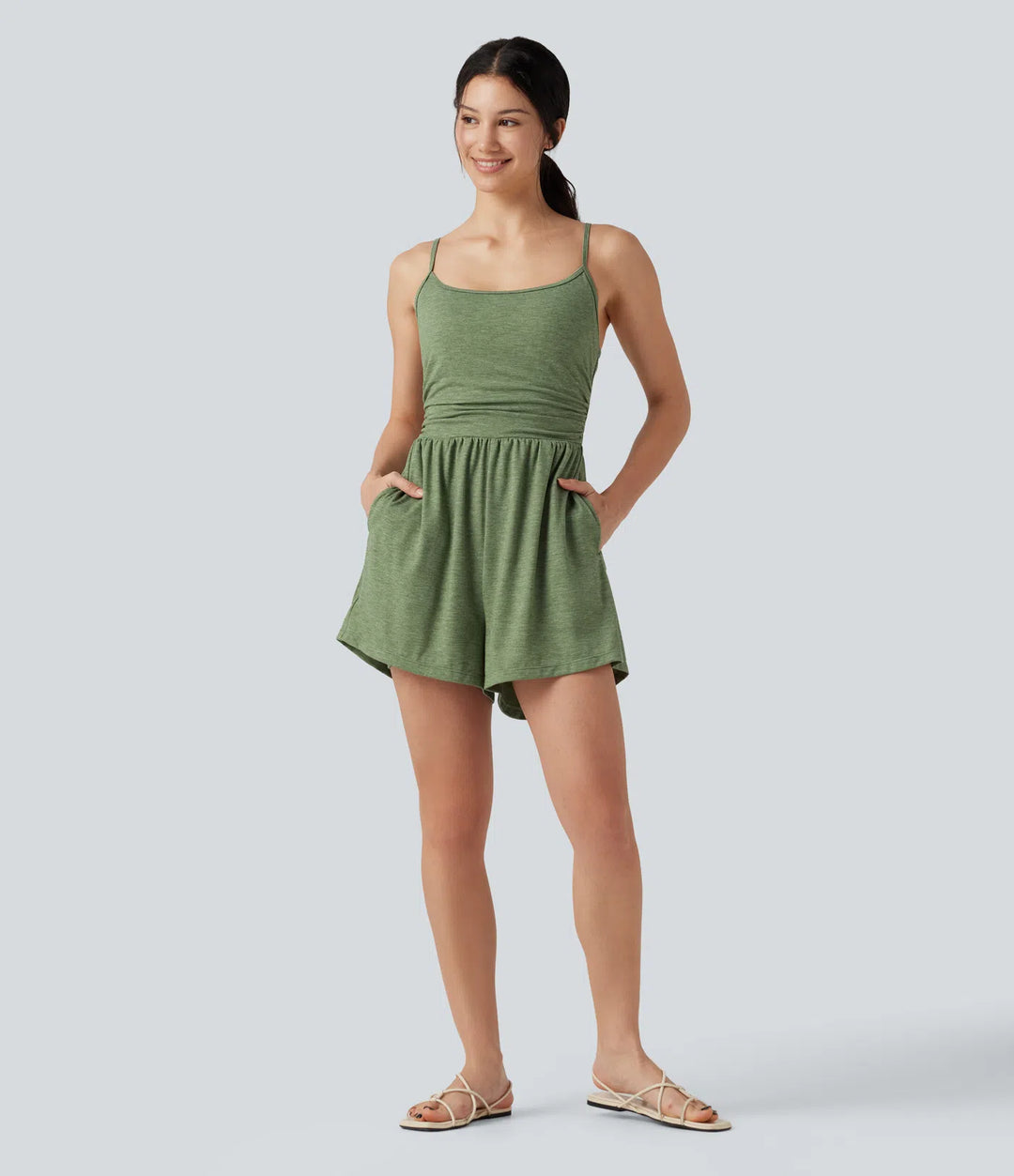 Built-in Bra Ruched 2-in-1 Heathered Casual Playsuit with Pockets-Easy Peezy Edition
