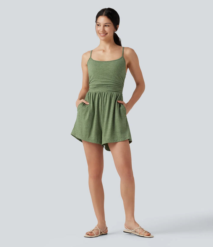 Built-in Bra Ruched 2-in-1 Heathered Casual Playsuit with Pockets-Easy Peezy Edition
