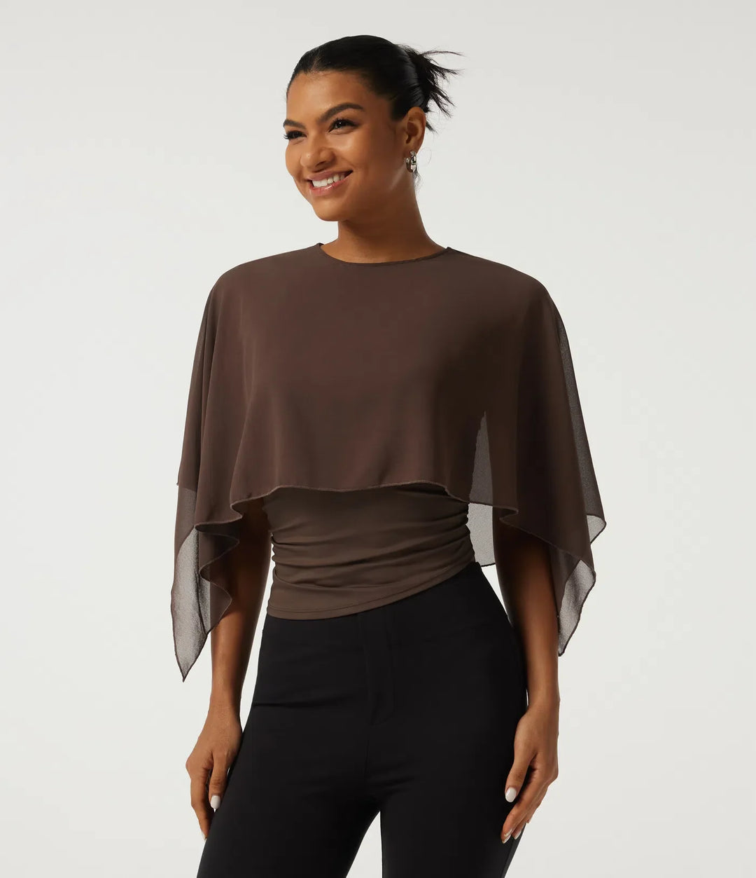 Round Neck Flounce Half Sleeve 2-in-1 Ruched Asymmetrical Hem Work Blouse