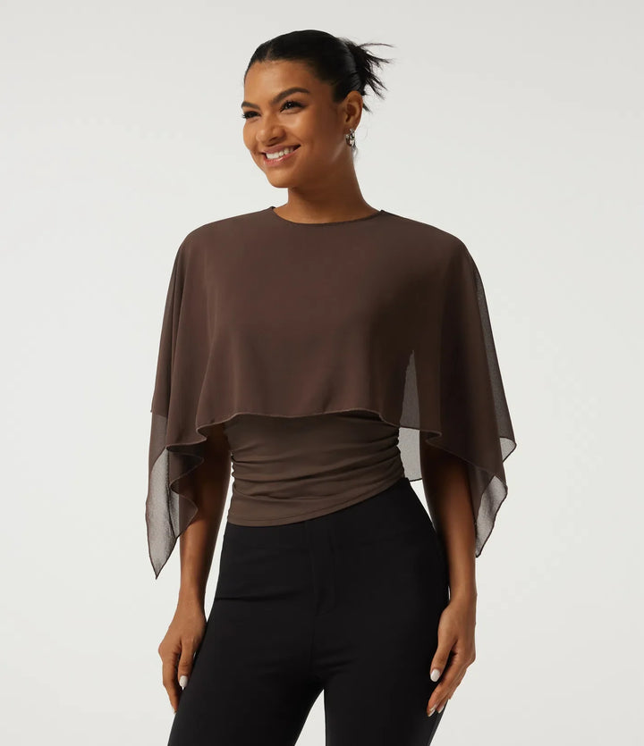 Round Neck Flounce Half Sleeve 2-in-1 Ruched Asymmetrical Hem Work Blouse