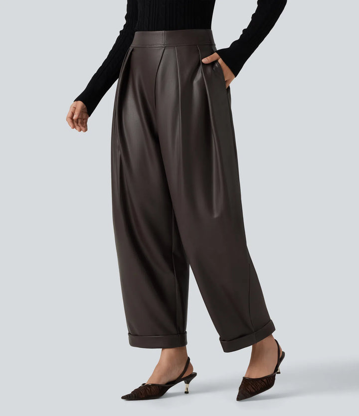 High Waisted Barrel Leg Stretchy PU Fleece Casual Trousers with Pockets
